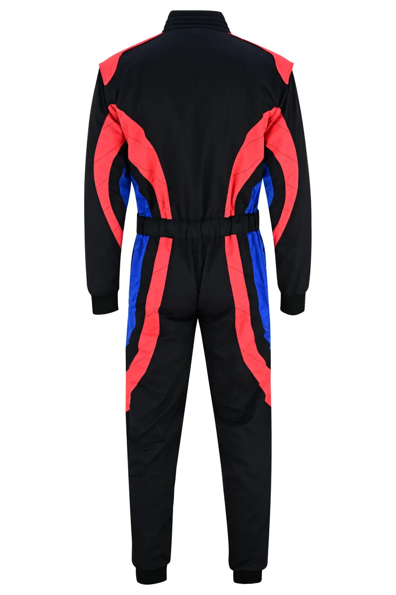 Black one-piece racing suit, back view with red and blue panels and elasticated waist