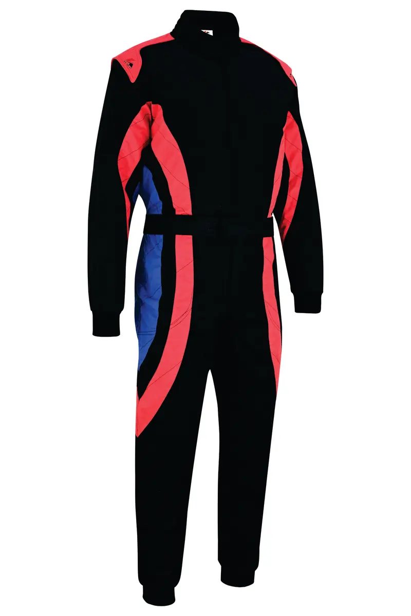 Black one-piece racing suit with red and blue panels, three-quarter front view