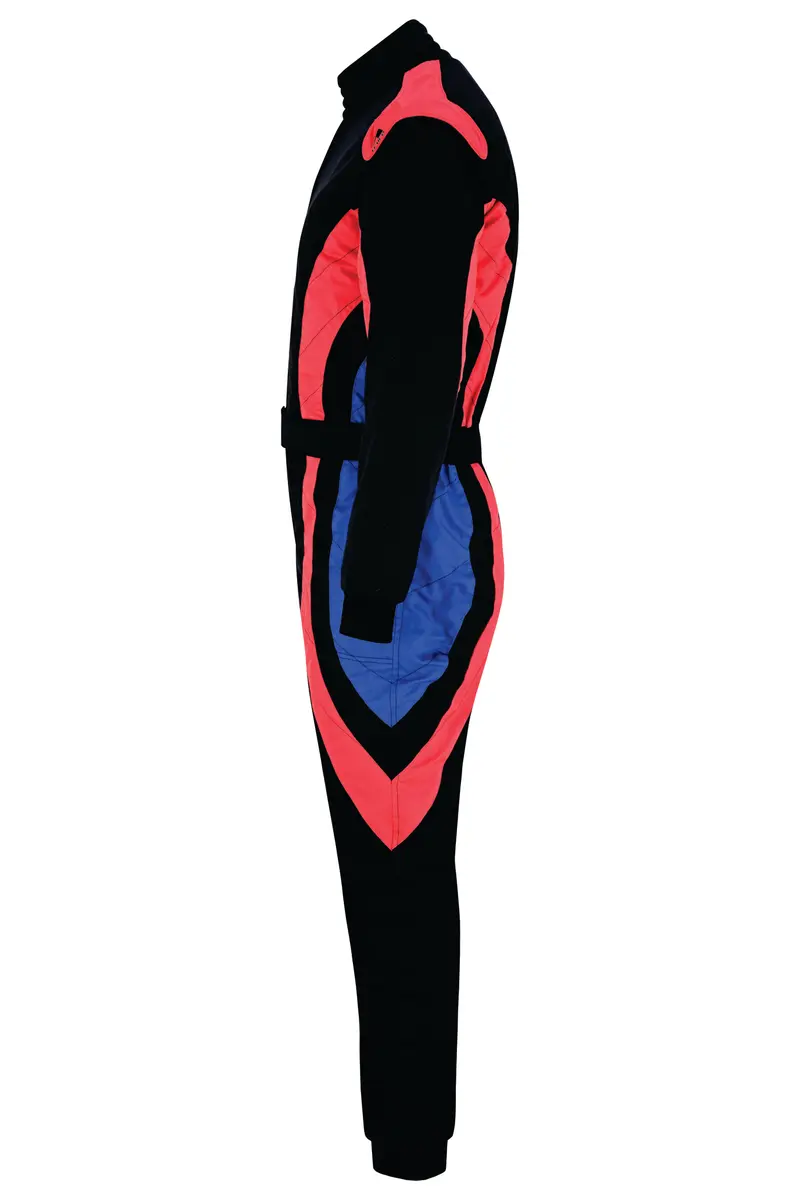 Black one-piece racing suit, side profile showing red and blue contoured panels