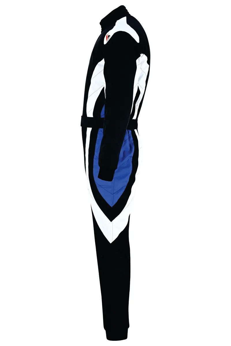 Black one-piece racing suit with white and blue side panels, side profile